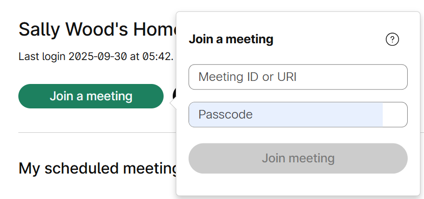Join meeting pop up shows options to enter meeting ID and passcode